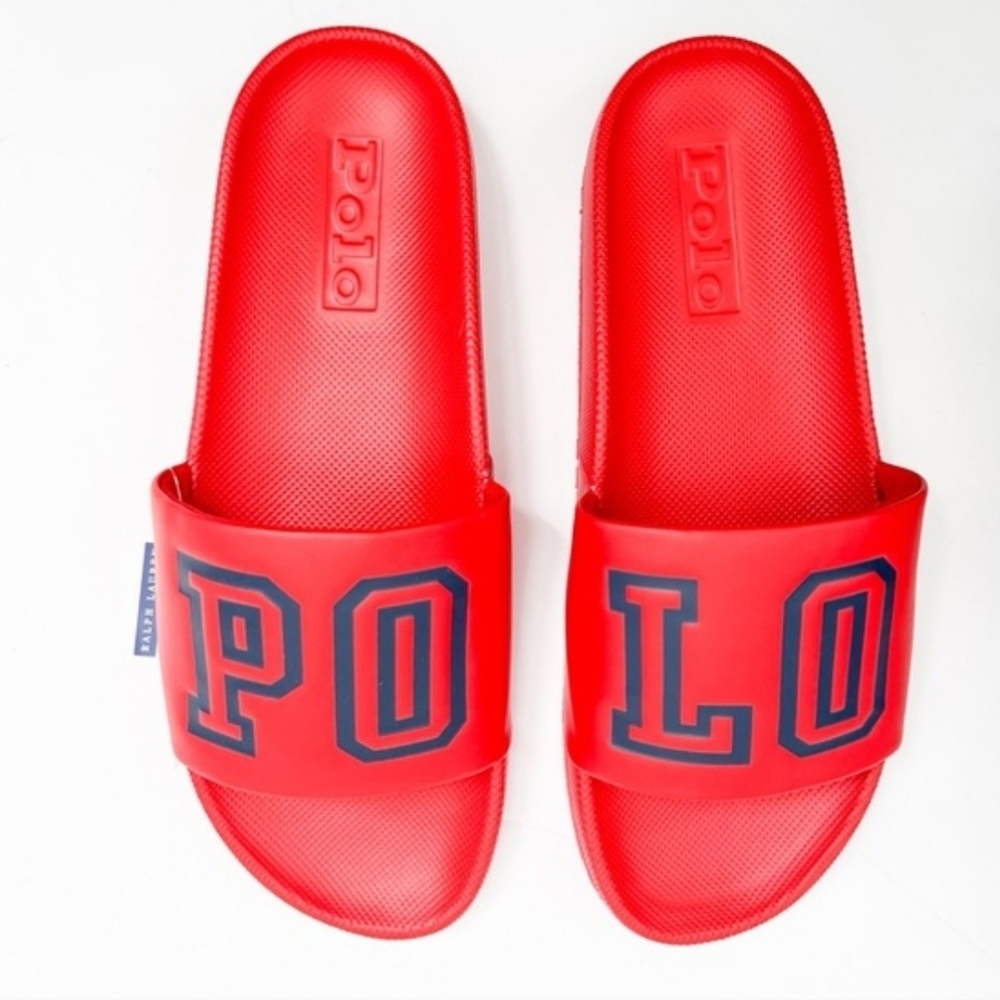 POLO Ralph Lauren CAYSON SPELL OUT SLIDES Red/Navy Sz 13